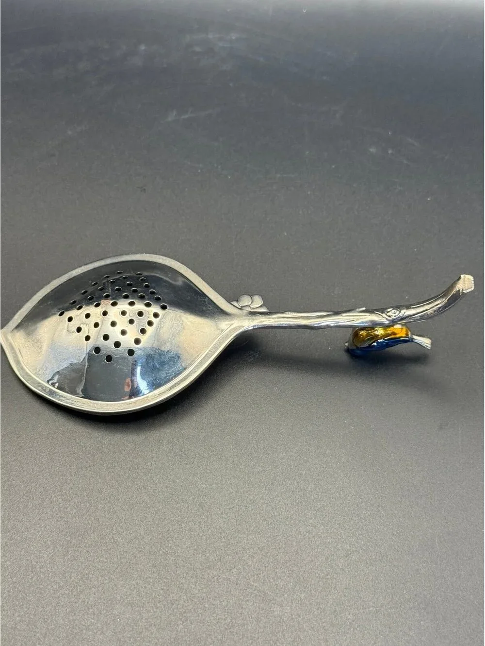 Vintage Silver Tone Tea Strainer Spoon Blue Enamel Bird Branch Handle